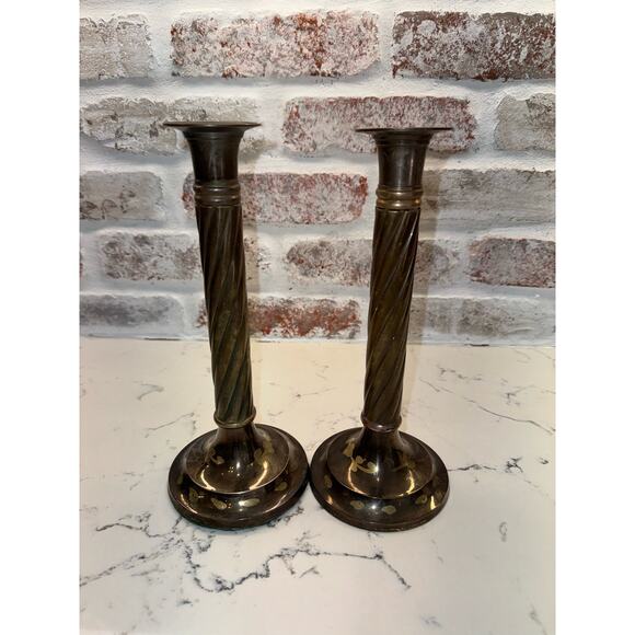 Bronze Look Pair of Candlesticks with Brass floral Bases 9” Tall - Picture 8 of 10